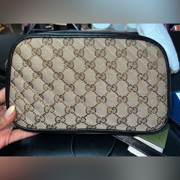 Gucci GG Monogram Canvas Marmont Chain Crossbody Bag Beige Black - Picture 9 of 15